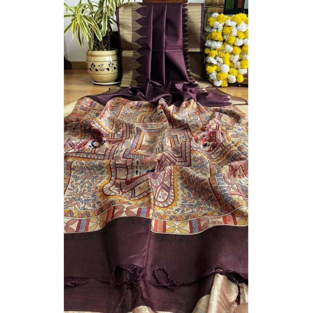 Women's Tussar Silk Madhubani Saree With Unstitched Blouse 5.5Mtr (Coffee)