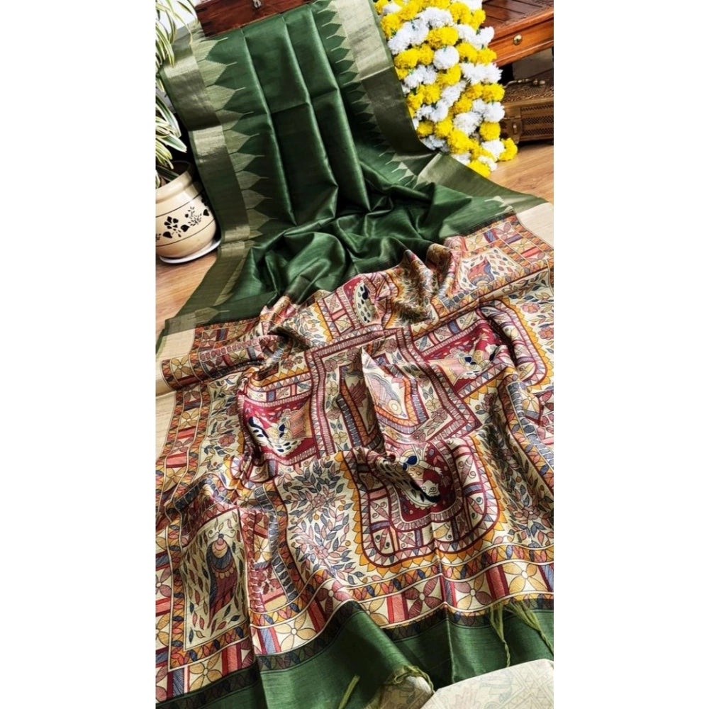 Women's Tussar Silk Madhubani Saree With Unstitched Blouse 5.5Mtr (Green)