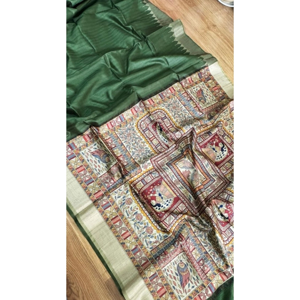 Women's Tussar Silk Madhubani Saree With Unstitched Blouse 5.5Mtr (Green)