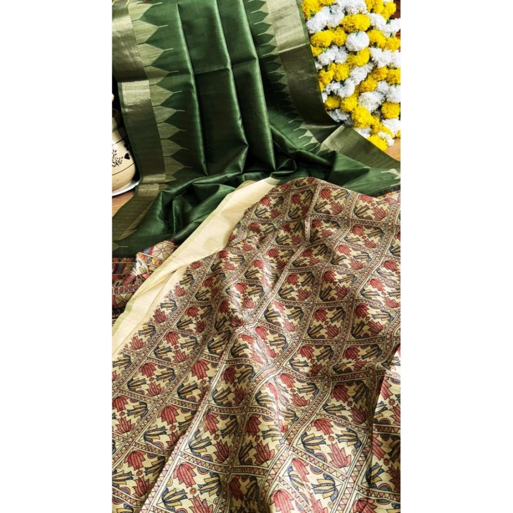 Women's Tussar Silk Madhubani Saree With Unstitched Blouse 5.5Mtr (Green)
