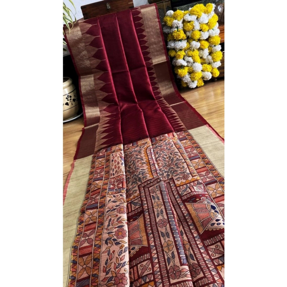 Women's Tussar Silk Madhubani Saree With Unstitched Blouse 5.5Mtr (Maroon)