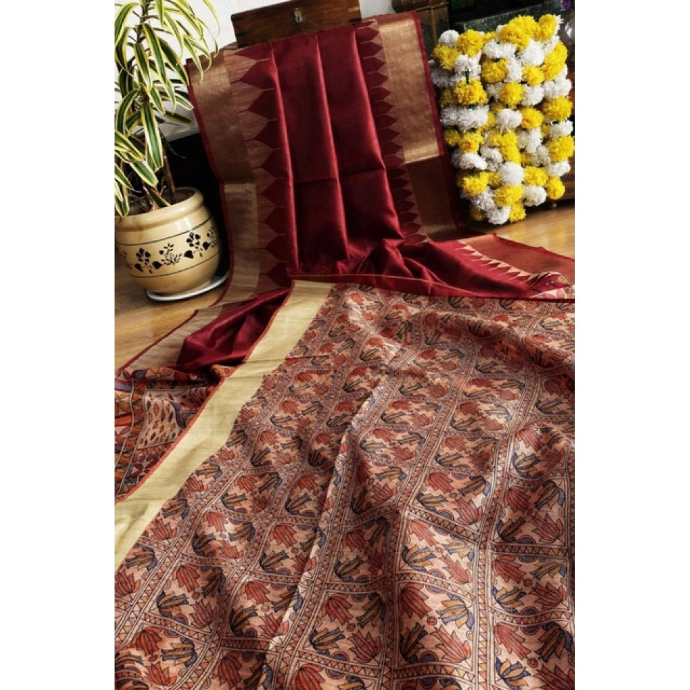 Women's Tussar Silk Madhubani Saree With Unstitched Blouse 5.5Mtr (Maroon)