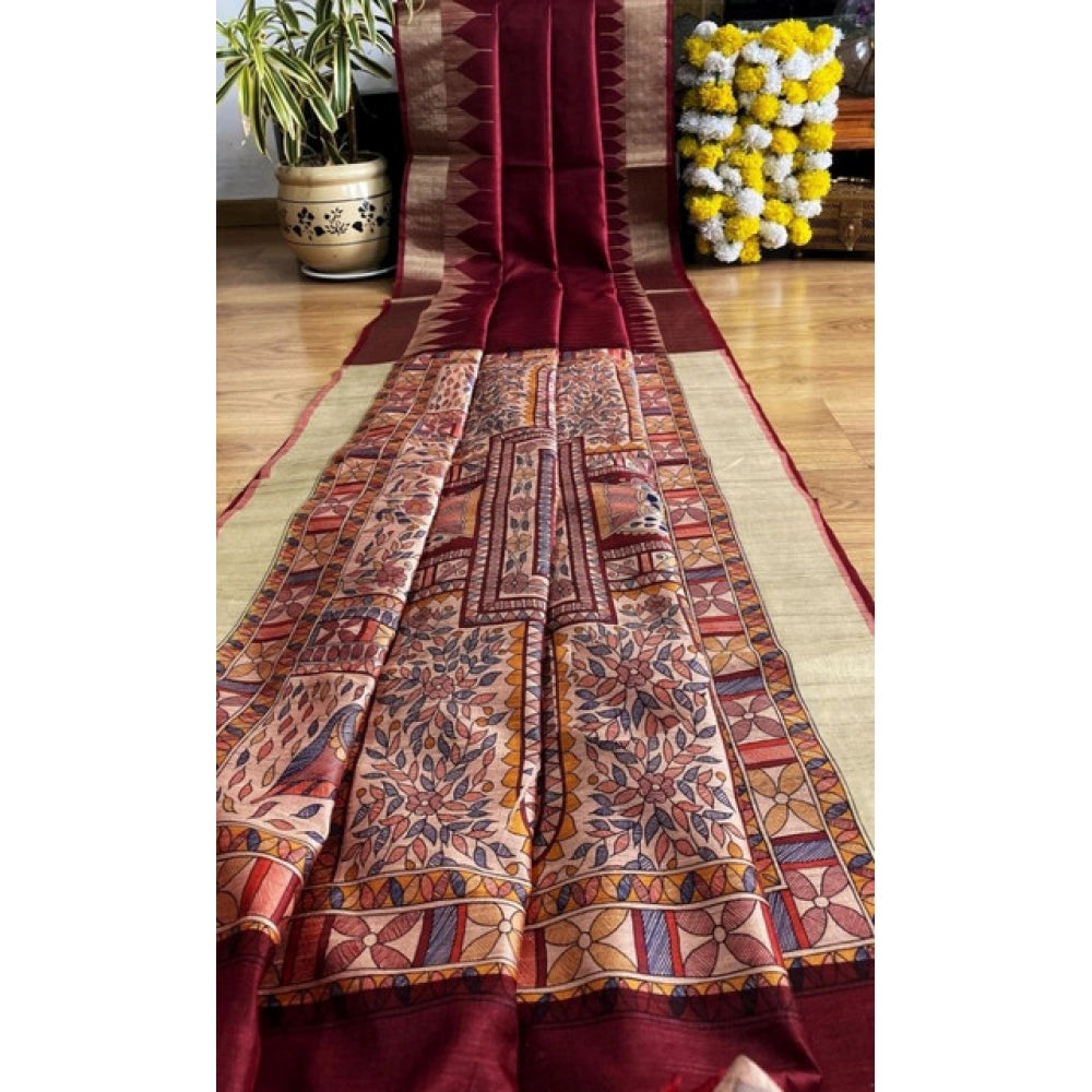 Women's Tussar Silk Madhubani Saree With Unstitched Blouse 5.5Mtr (Maroon)