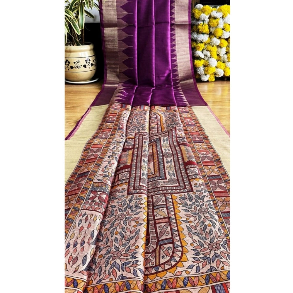 Women's Tussar Silk Madhubani Saree With Unstitched Blouse 5.5Mtr (Purple)