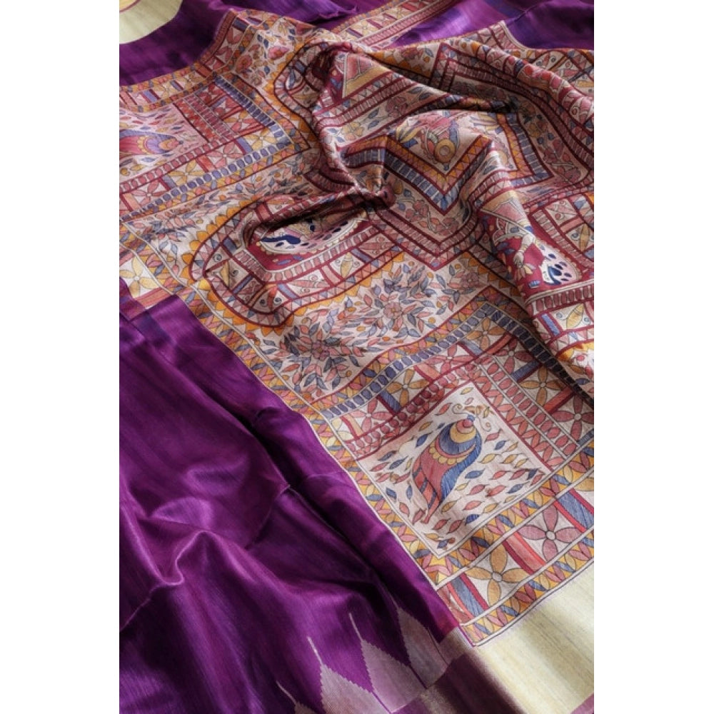 Women's Tussar Silk Madhubani Saree With Unstitched Blouse 5.5Mtr (Purple)