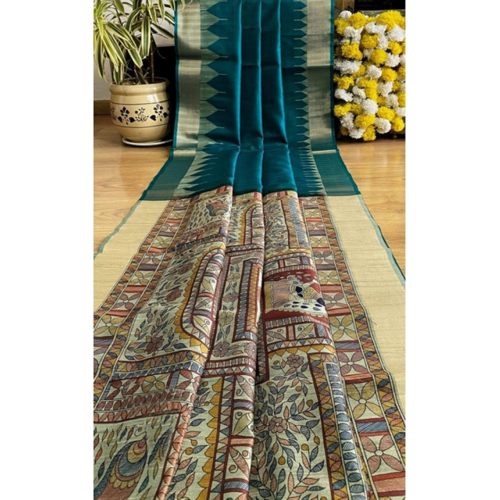 Women's Tussar Silk Madhubani Saree With Unstitched Blouse 5.5Mtr (Rama)