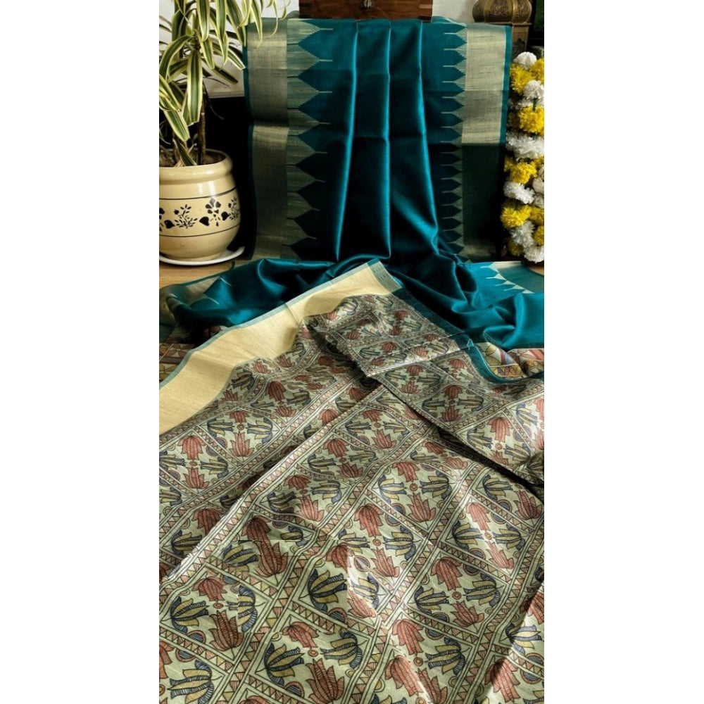 Women's Tussar Silk Madhubani Saree With Unstitched Blouse 5.5Mtr (Rama)