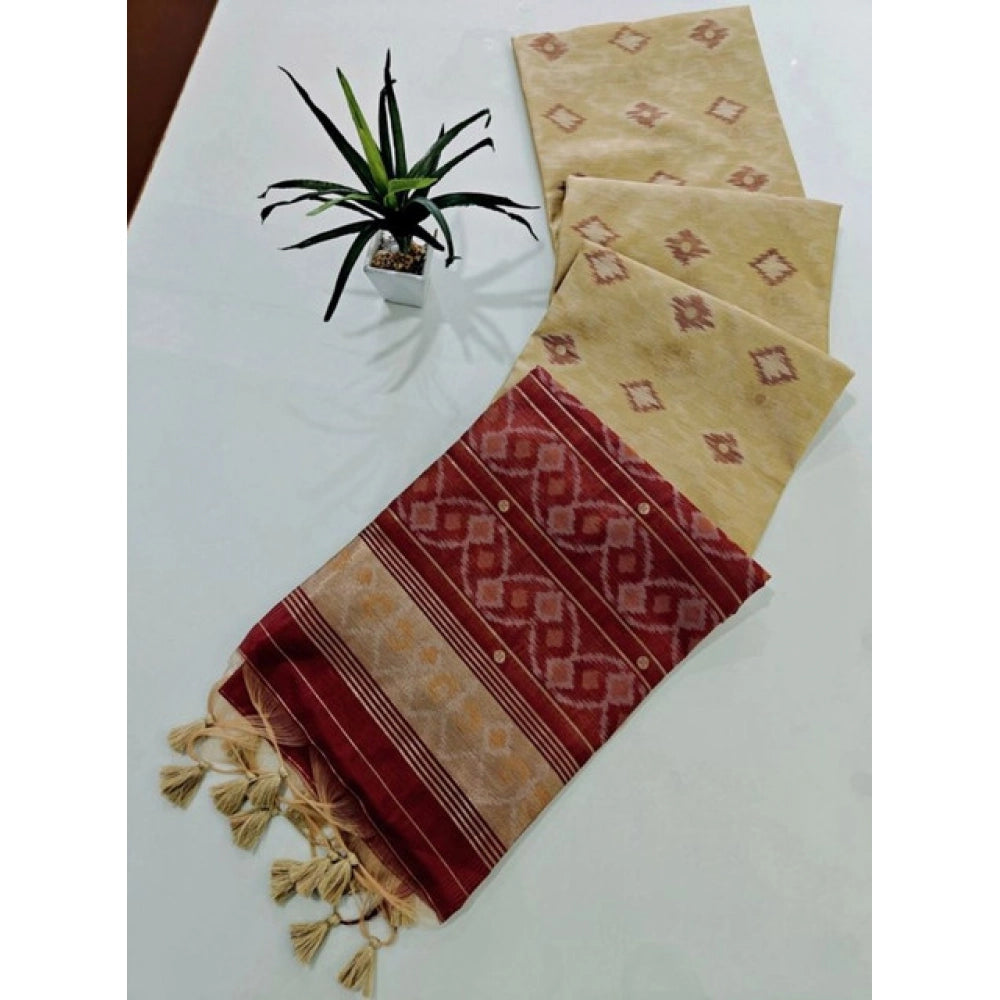 Women's Raw Silk Ikkat Saree With Unstitched Blouse 5.5Mtr (Beige)