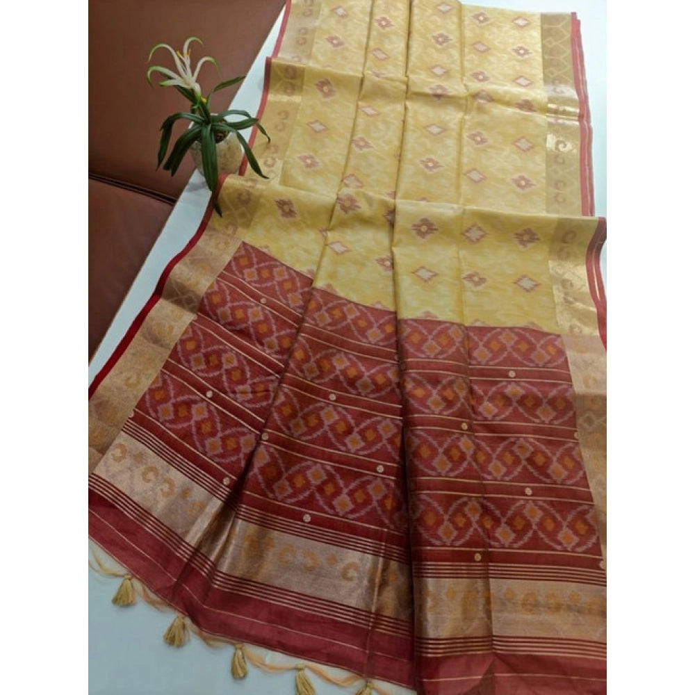 Women's Raw Silk Ikkat Saree With Unstitched Blouse 5.5Mtr (Beige)