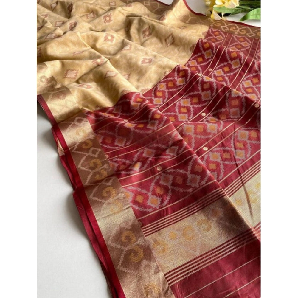 Women's Raw Silk Ikkat Saree With Unstitched Blouse 5.5Mtr (Beige)