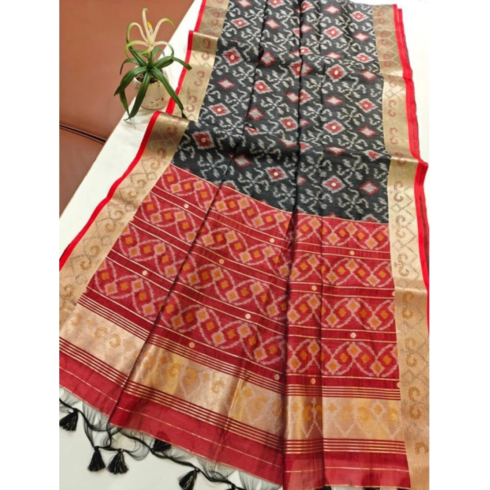 Women's Raw Silk Ikkat Saree With Unstitched Blouse 5.5Mtr (Black)