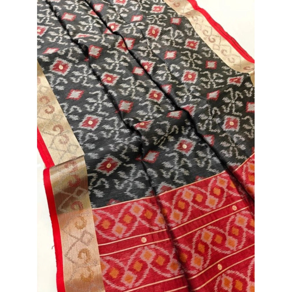 Women's Raw Silk Ikkat Saree With Unstitched Blouse 5.5Mtr (Black)