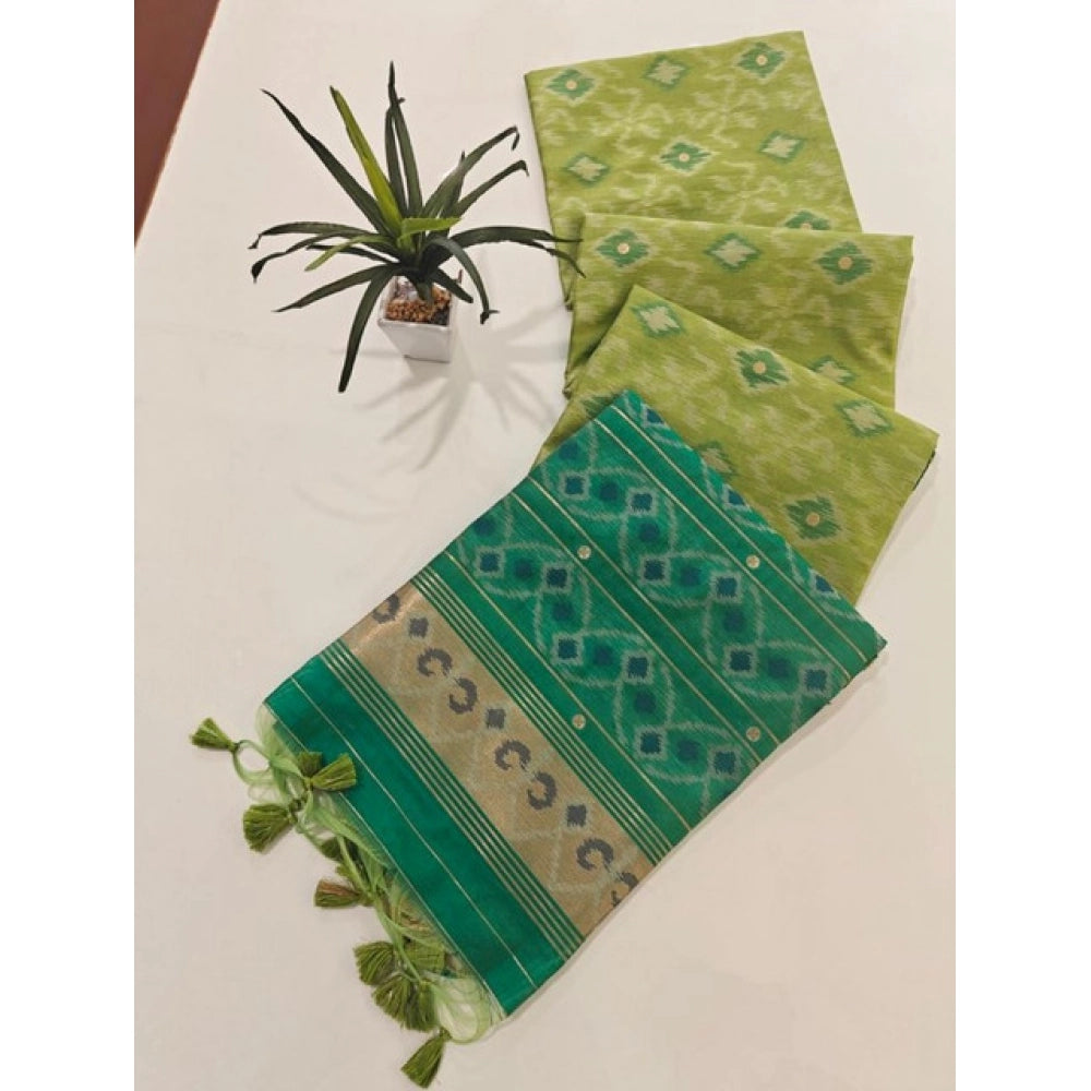 Women's Raw Silk Ikkat Saree With Unstitched Blouse 5.5Mtr (Green)