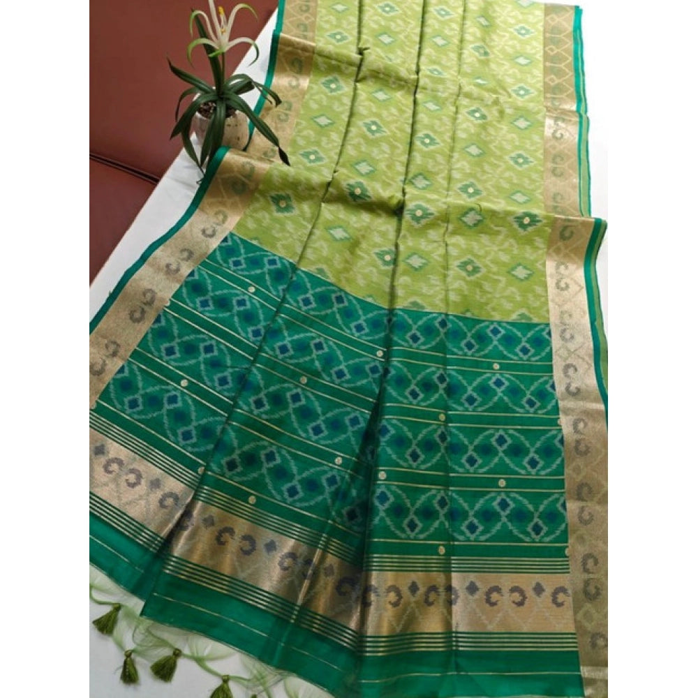 Women's Raw Silk Ikkat Saree With Unstitched Blouse 5.5Mtr (Green)