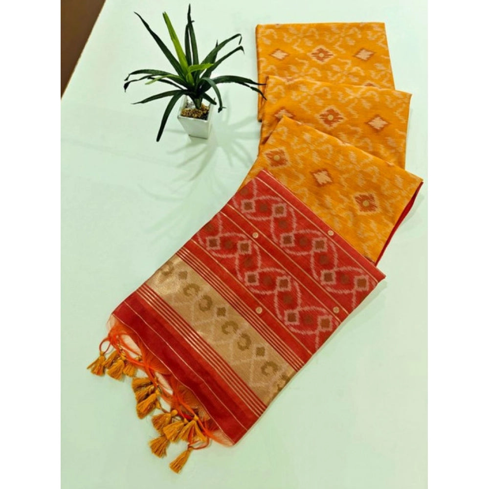 Women's Raw Silk Ikkat Saree With Unstitched Blouse 5.5Mtr (Mustard)