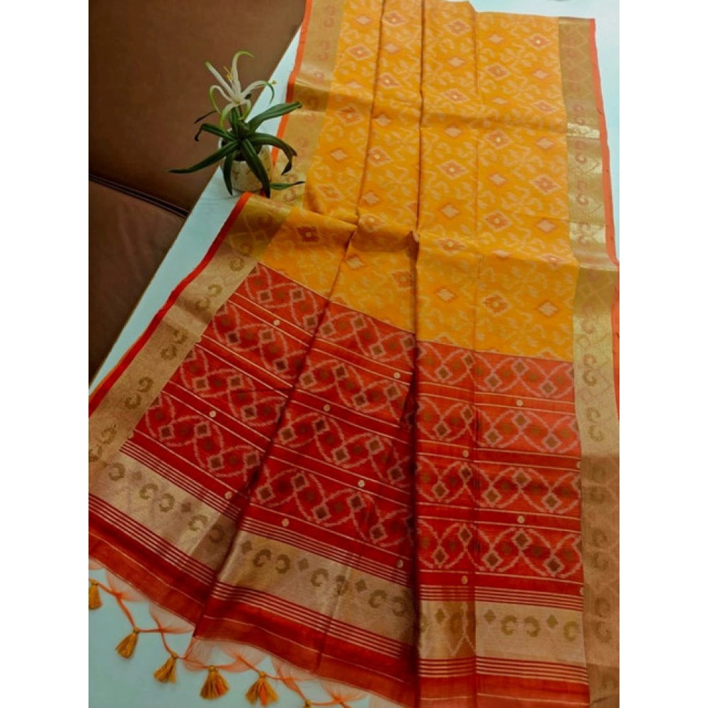 Women's Raw Silk Ikkat Saree With Unstitched Blouse 5.5Mtr (Mustard)