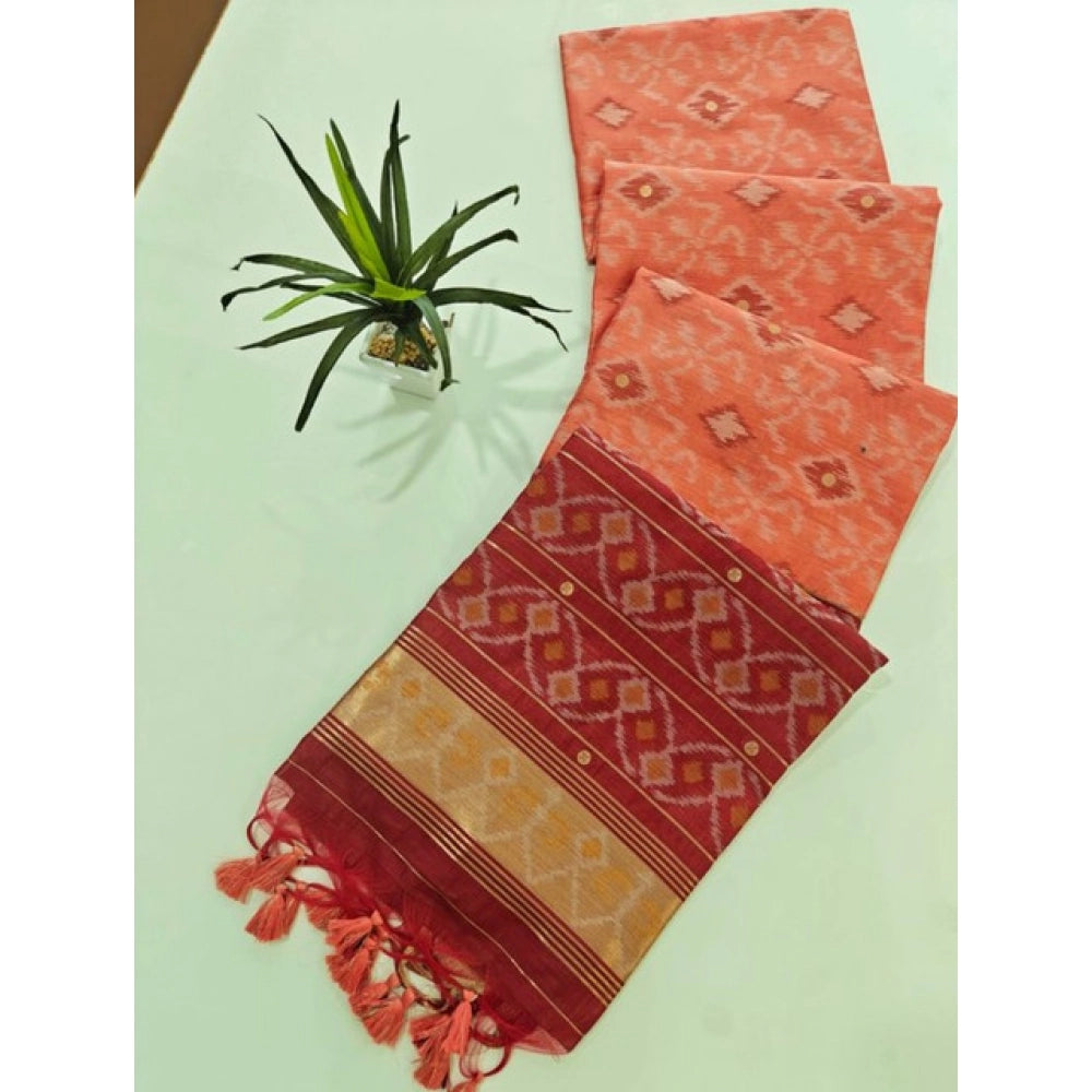Women's Raw Silk Ikkat Saree With Unstitched Blouse 5.5Mtr (Peach)