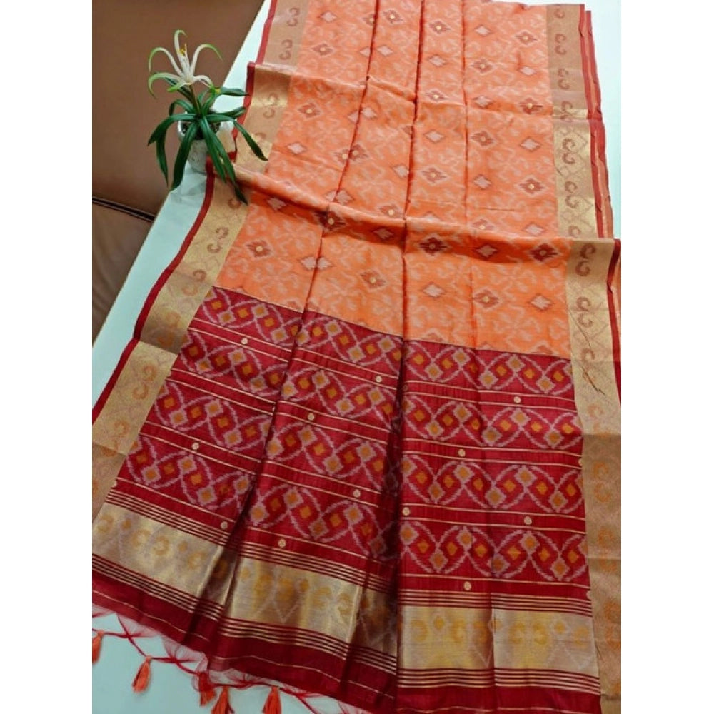 Women's Raw Silk Ikkat Saree With Unstitched Blouse 5.5Mtr (Peach)