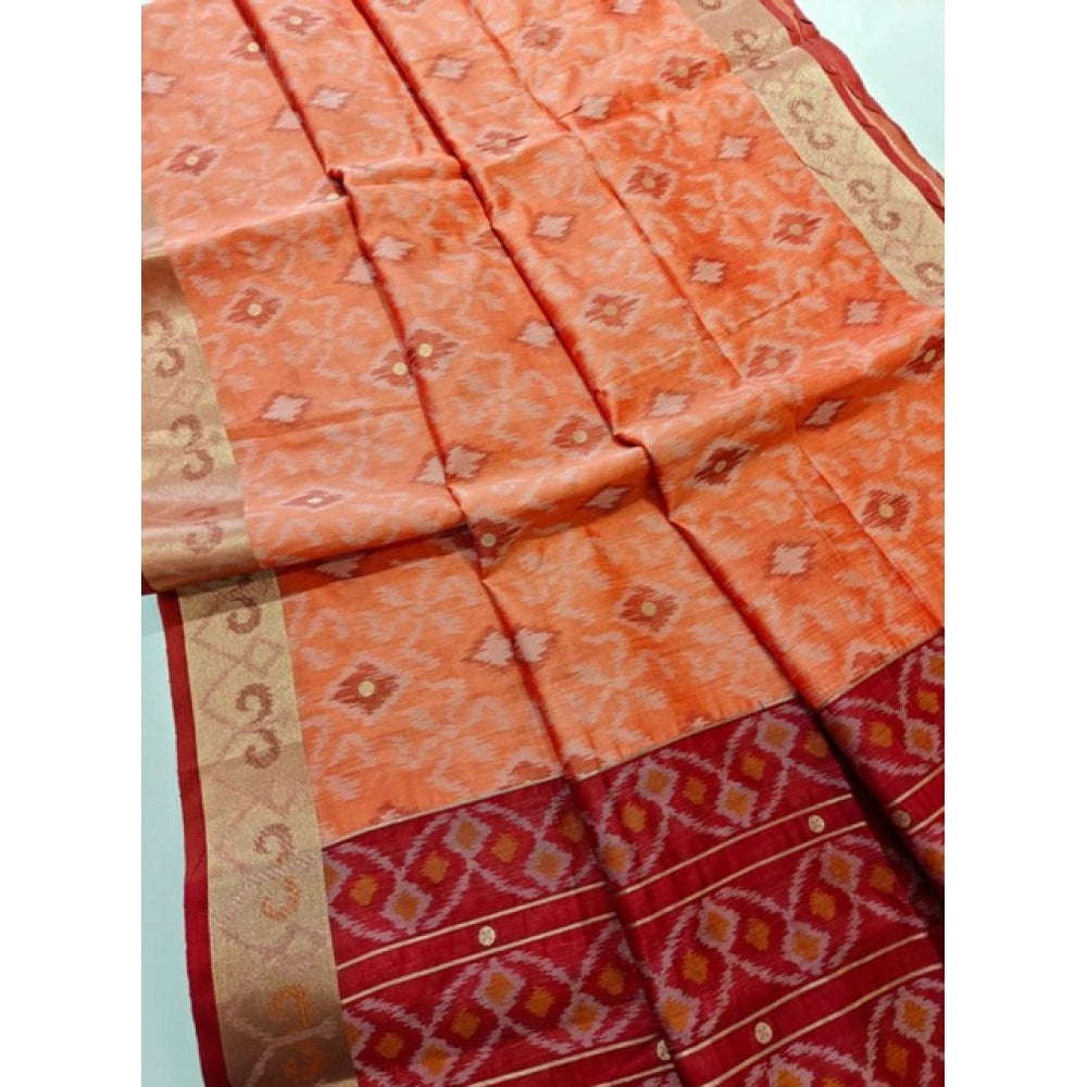 Women's Raw Silk Ikkat Saree With Unstitched Blouse 5.5Mtr (Peach)