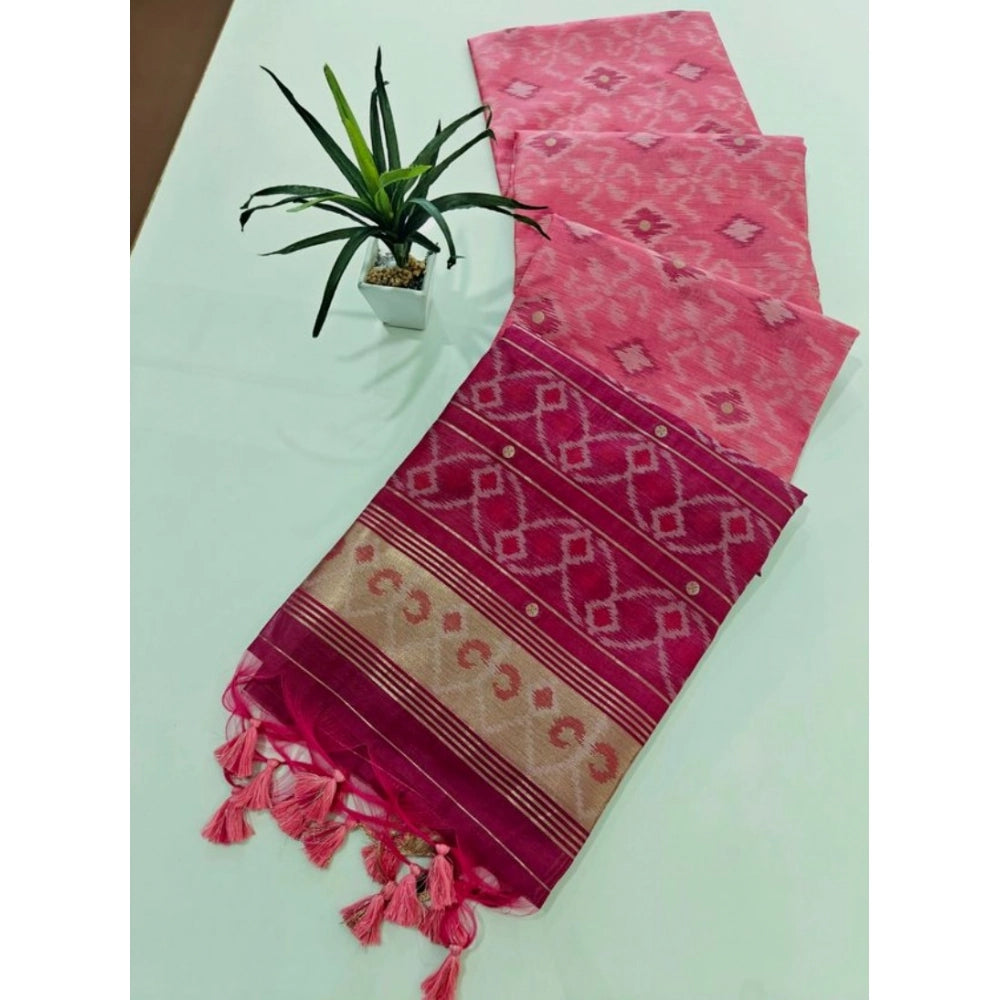 Women's Raw Silk Ikkat Saree With Unstitched Blouse 5.5Mtr (Pink)