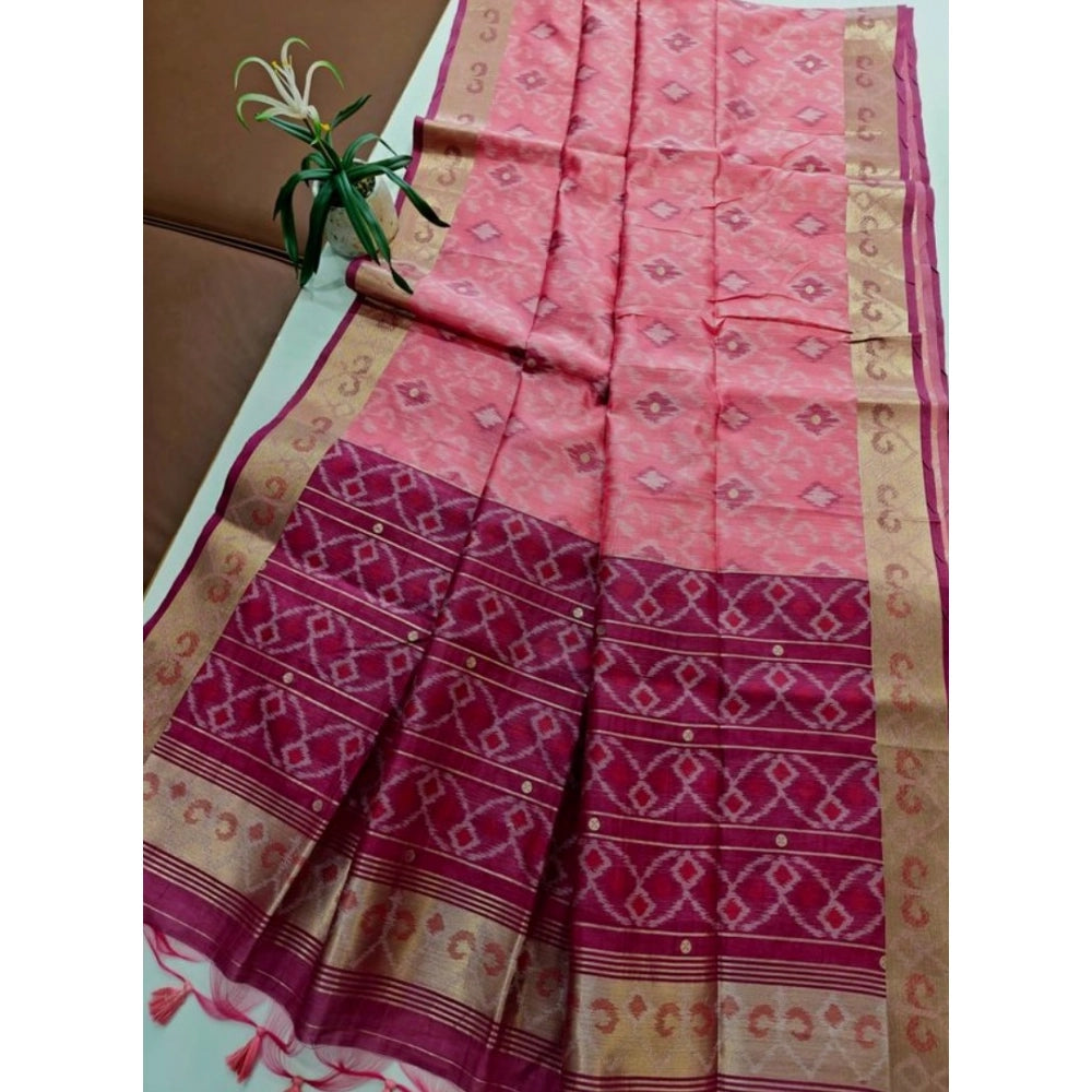 Women's Raw Silk Ikkat Saree With Unstitched Blouse 5.5Mtr (Pink)