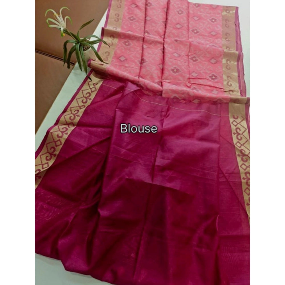 Women's Raw Silk Ikkat Saree With Unstitched Blouse 5.5Mtr (Pink)
