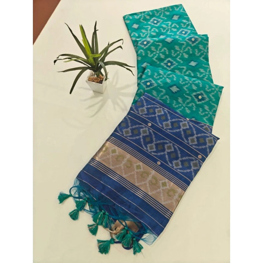 Women's Raw Silk Ikkat Saree With Unstitched Blouse 5.5Mtr (Sky Blue)