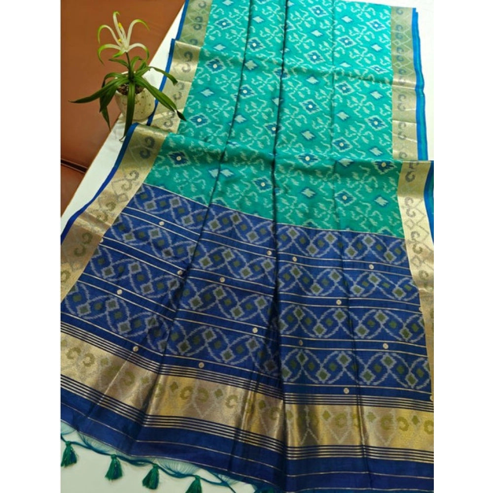 Women's Raw Silk Ikkat Saree With Unstitched Blouse 5.5Mtr (Sky Blue)