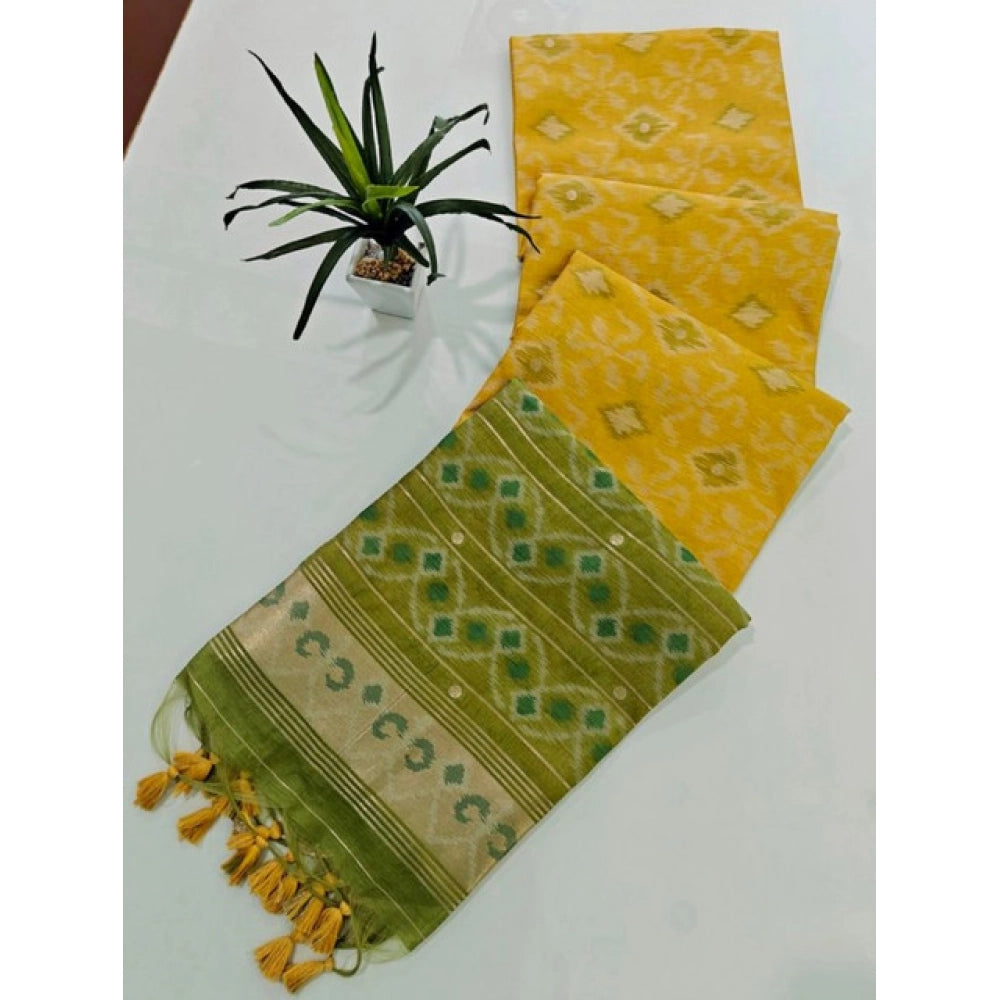 Women's Raw Silk Ikkat Saree With Unstitched Blouse 5.5Mtr (Yellow)