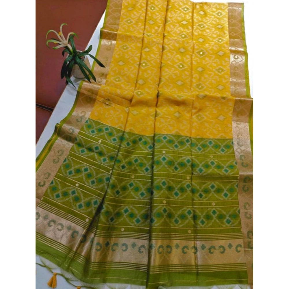 Women's Raw Silk Ikkat Saree With Unstitched Blouse 5.5Mtr (Yellow)
