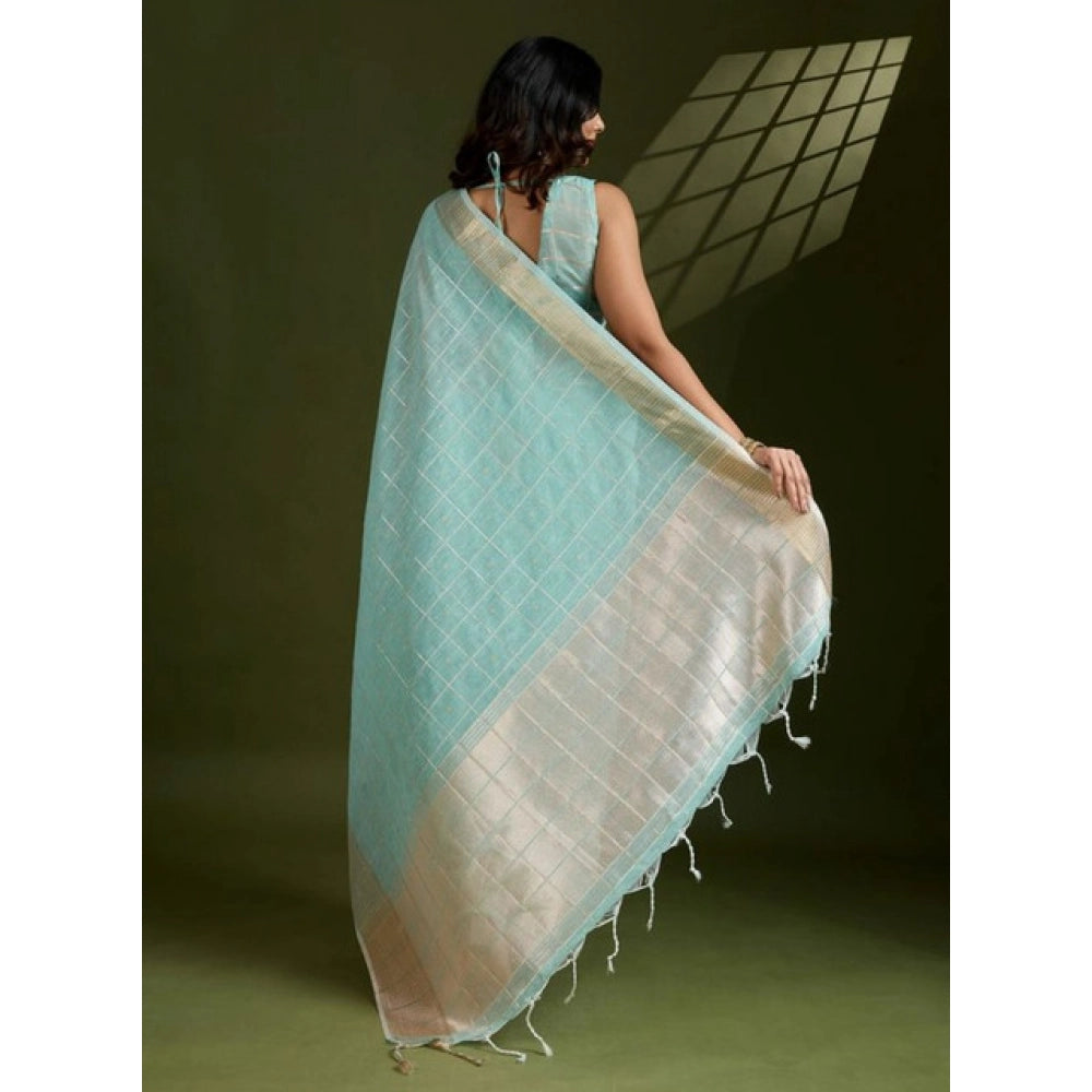 Women's Tissue Checks_With_Buttis Saree With Unstitched Blouse 5.5Mtr (Aqua_Blue)
