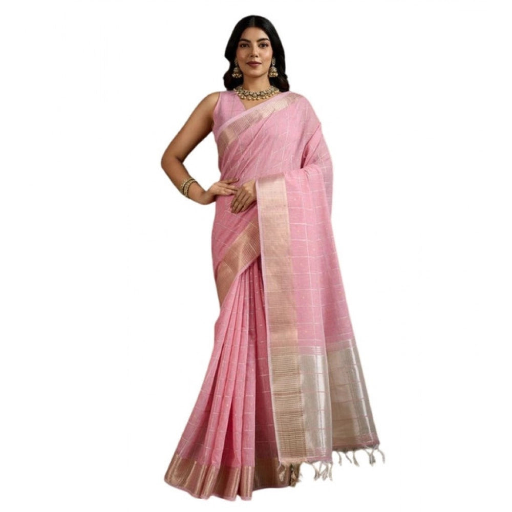 Women's Tissue Checks_With_Buttis Saree With Unstitched Blouse 5.5Mtr (Light_Pink)