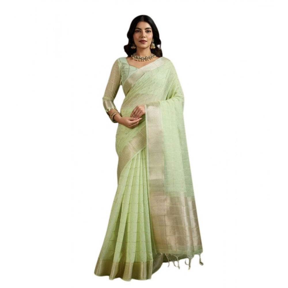 Women's Tissue Checks_With_Buttis Saree With Unstitched Blouse 5.5Mtr (Light_Green)