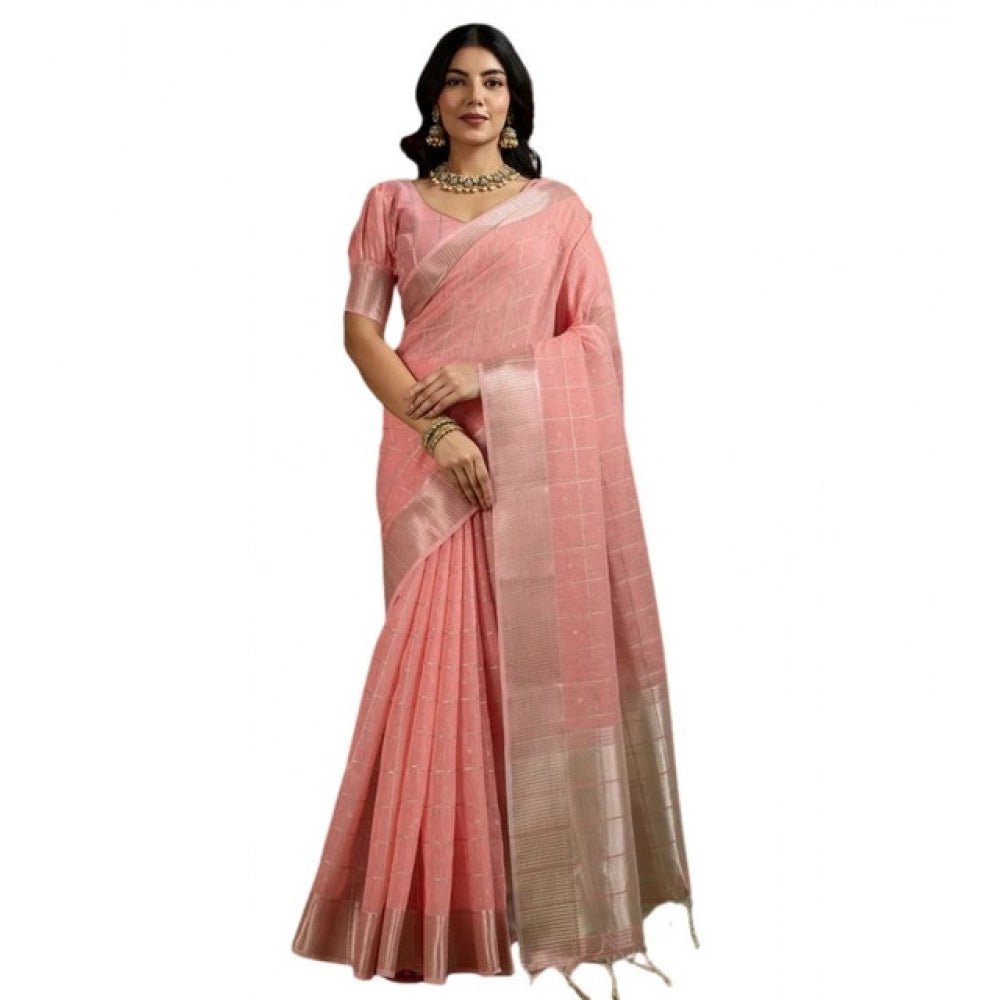 Women's Tissue Checks_With_Buttis Saree With Unstitched Blouse 5.5Mtr (Peach)