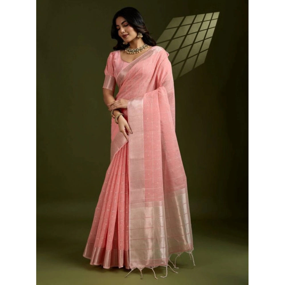 Women's Tissue Checks_With_Buttis Saree With Unstitched Blouse 5.5Mtr (Peach)