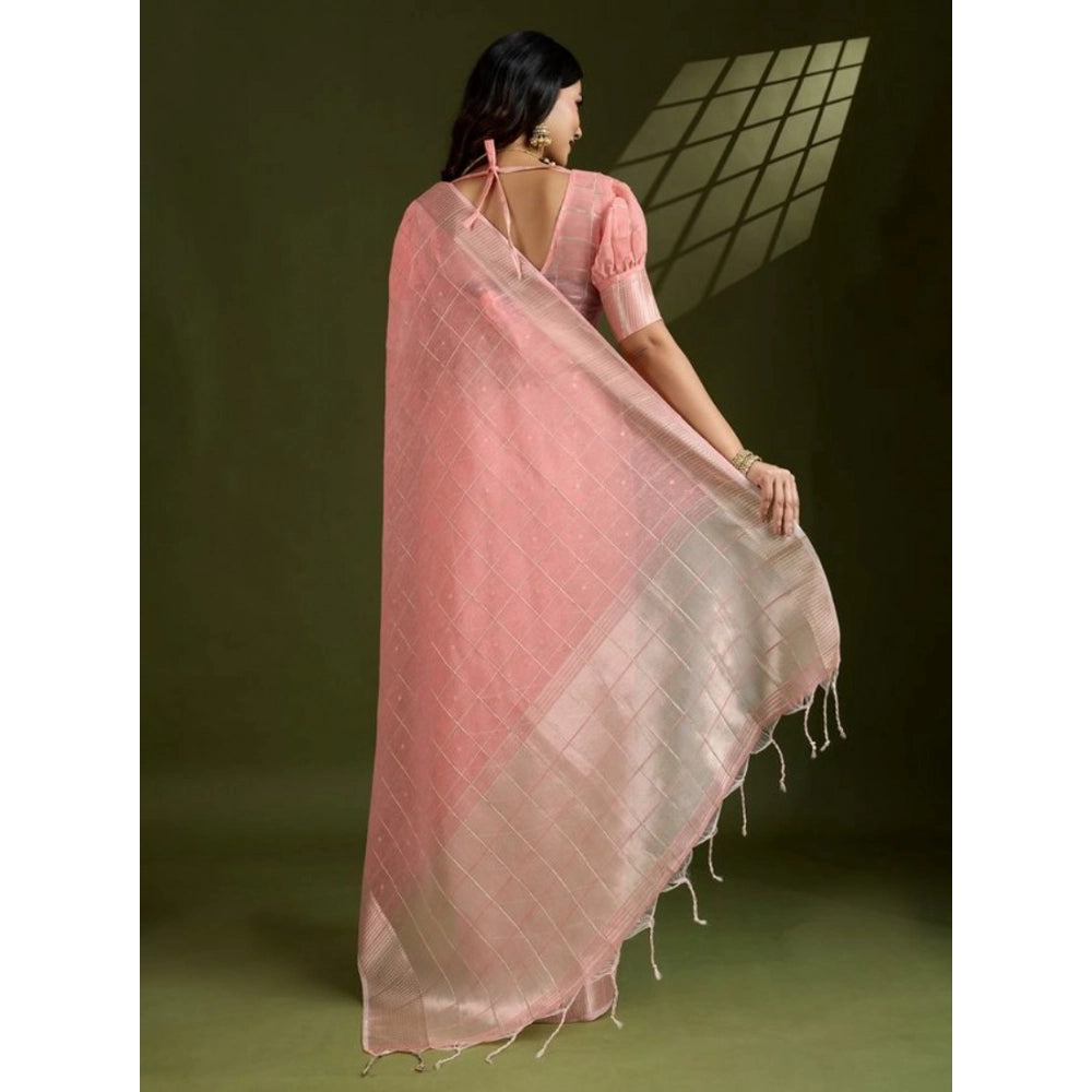 Women's Tissue Checks_With_Buttis Saree With Unstitched Blouse 5.5Mtr (Peach)