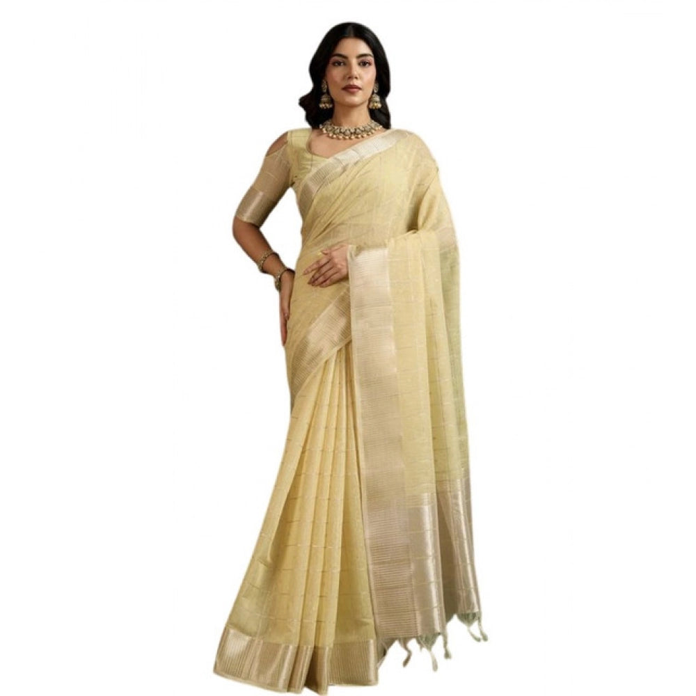 Women's Tissue Checks_With_Buttis Saree With Unstitched Blouse 5.5Mtr (Yellow)