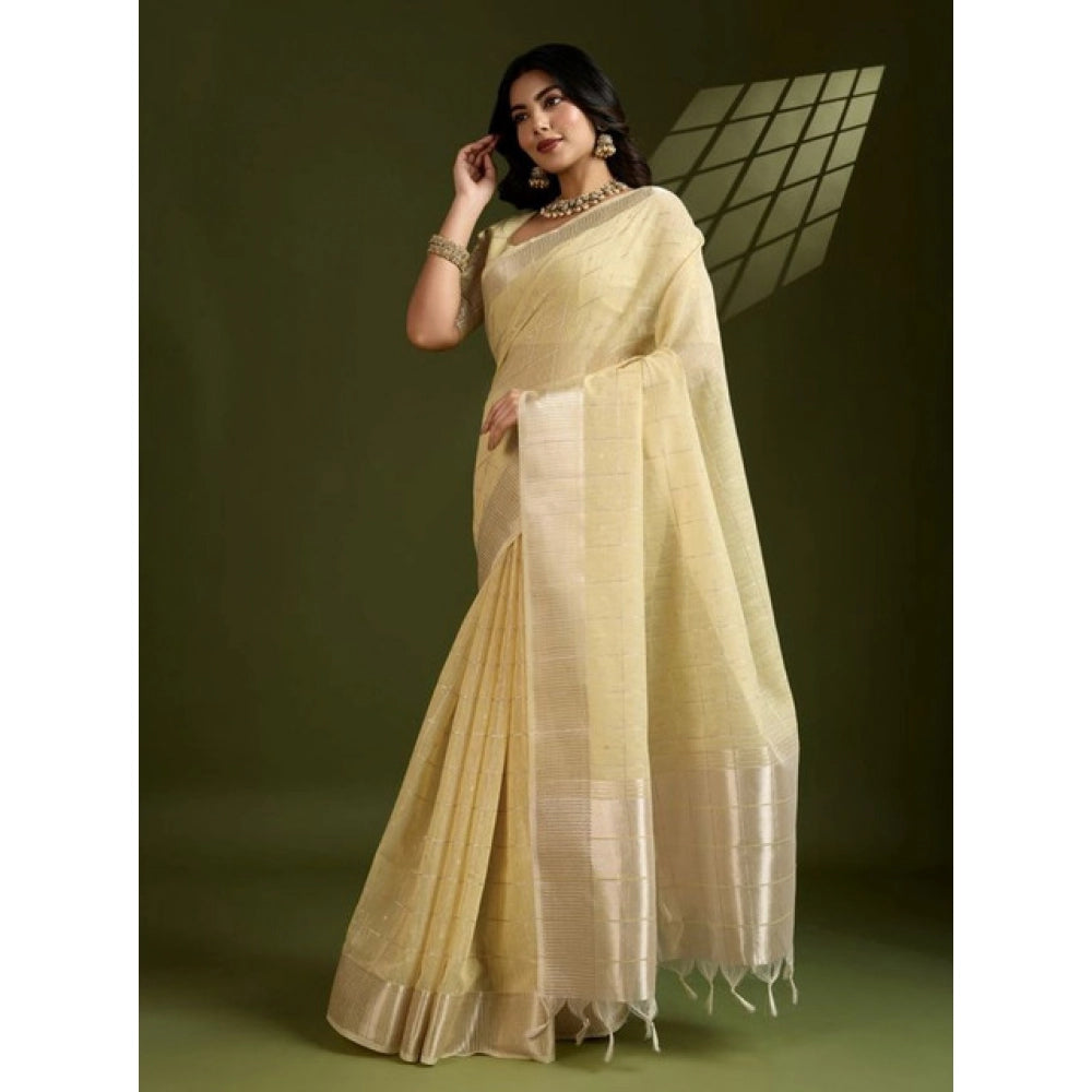 Women's Tissue Checks_With_Buttis Saree With Unstitched Blouse 5.5Mtr (Yellow)