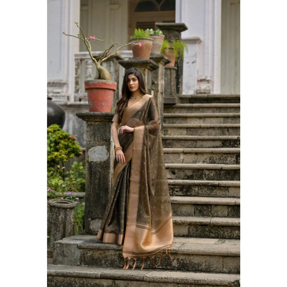 Women's Silk_Blend Butti Pattern Saree With Unstitched Blouse 5.5Mtr (Coffee)