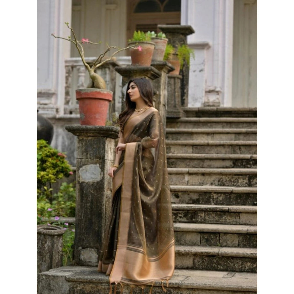 Women's Silk_Blend Butti Pattern Saree With Unstitched Blouse 5.5Mtr (Coffee)