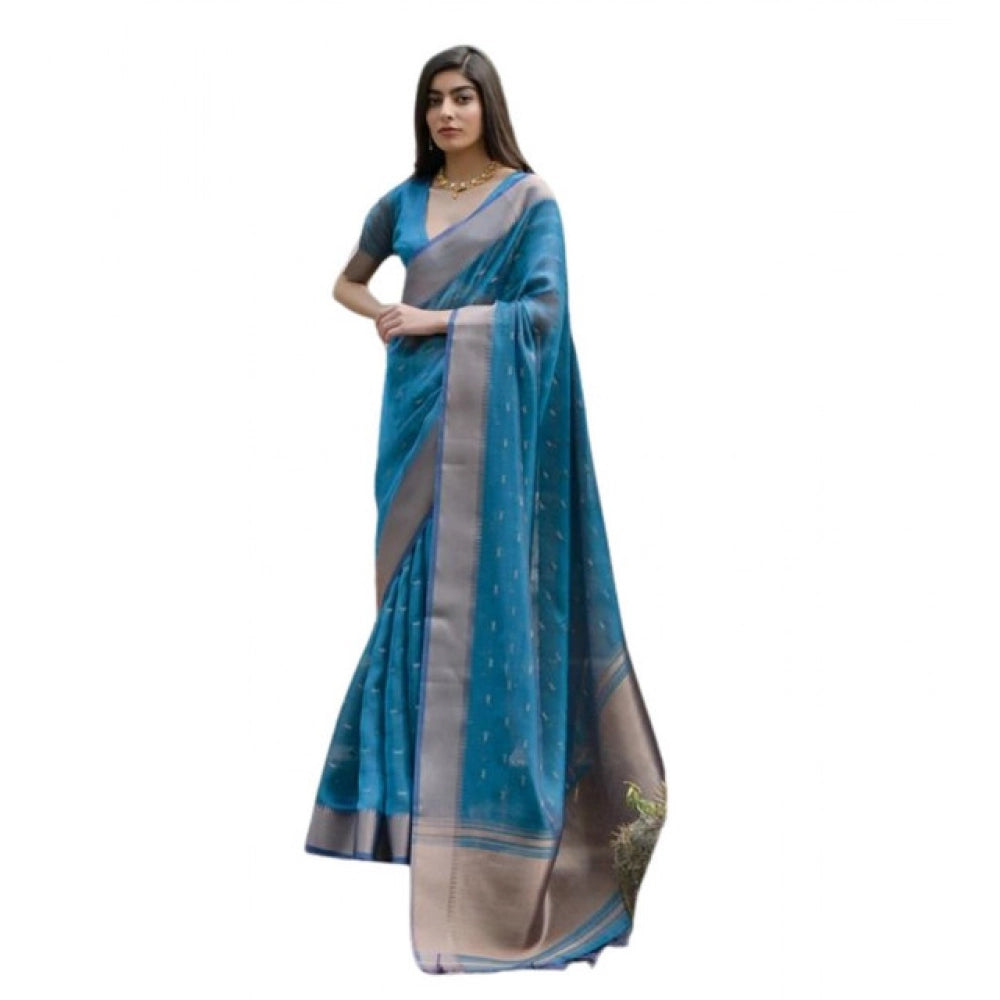 Women's Silk_Blend Butti Pattern Saree With Unstitched Blouse 5.5Mtr (Teal)