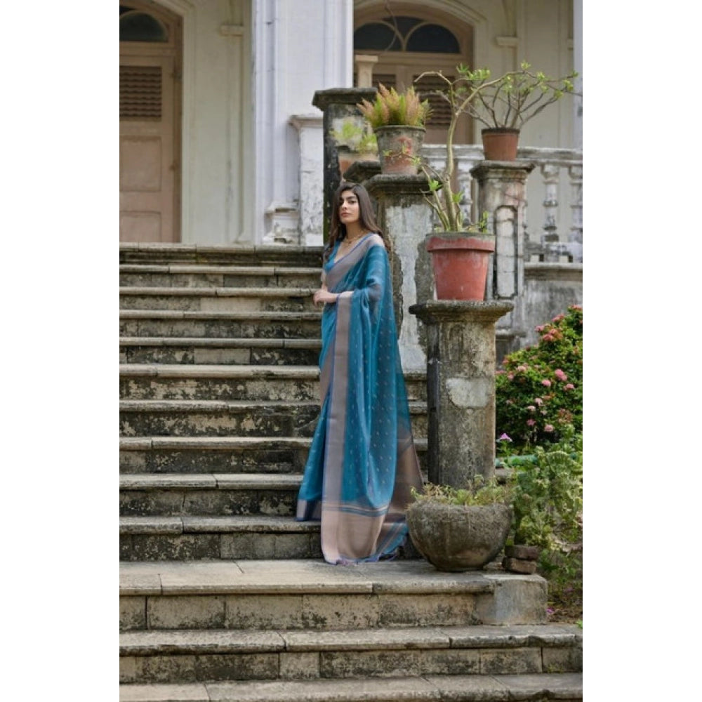 Women's Silk_Blend Butti Pattern Saree With Unstitched Blouse 5.5Mtr (Teal)