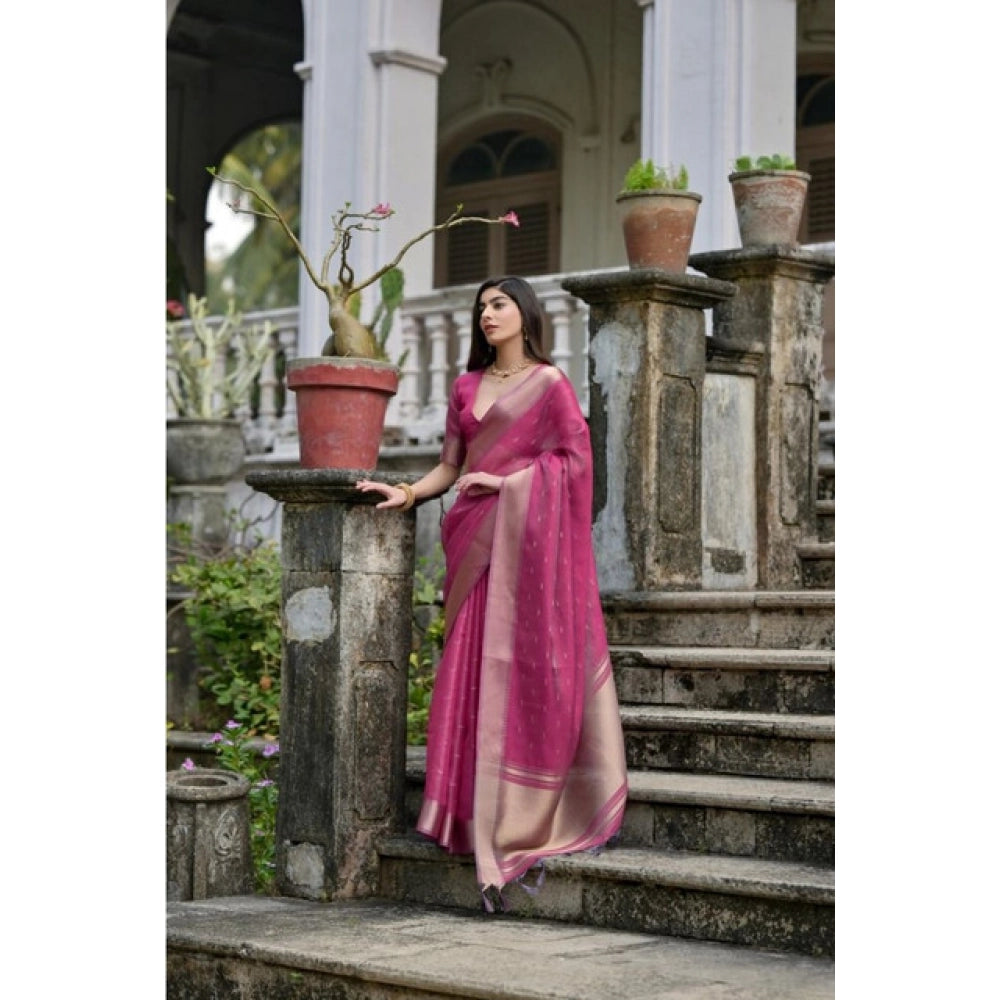 Women's Silk_Blend Butti Pattern Saree With Unstitched Blouse 5.5Mtr (Pink)