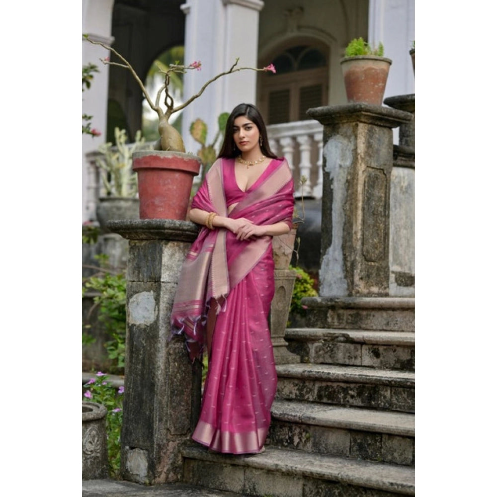Women's Silk_Blend Butti Pattern Saree With Unstitched Blouse 5.5Mtr (Pink)