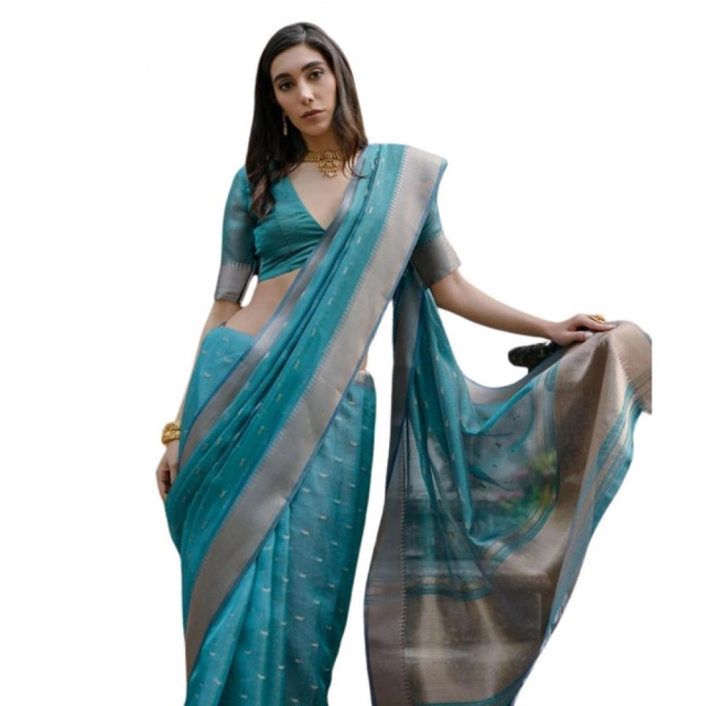 Women's Silk_Blend Butti Pattern Saree With Unstitched Blouse 5.5Mtr (Teal)