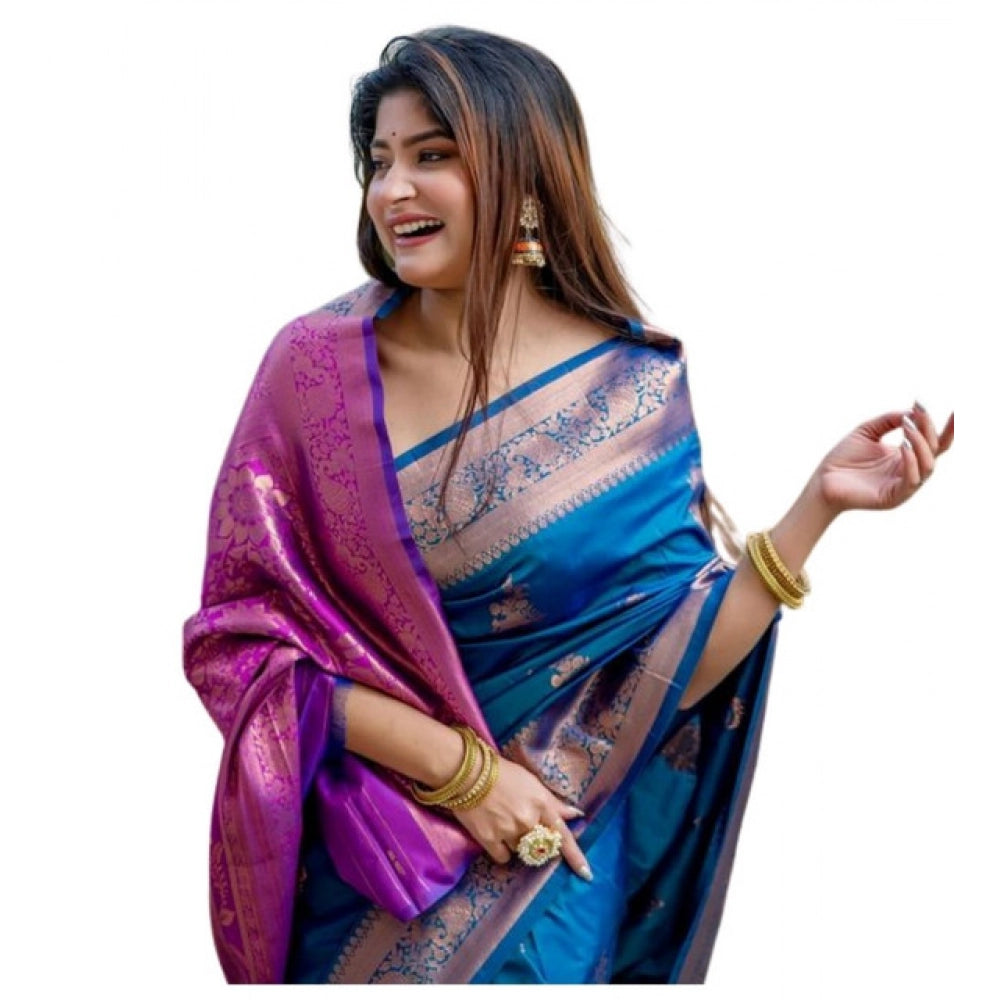 Women's Katan_Silk Zari_Weaving Saree With Unstitched Blouse 5.5Mtr (Blue)