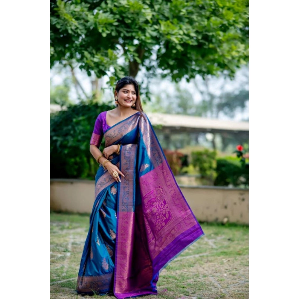 Women's Katan_Silk Zari_Weaving Saree With Unstitched Blouse 5.5Mtr (Blue)