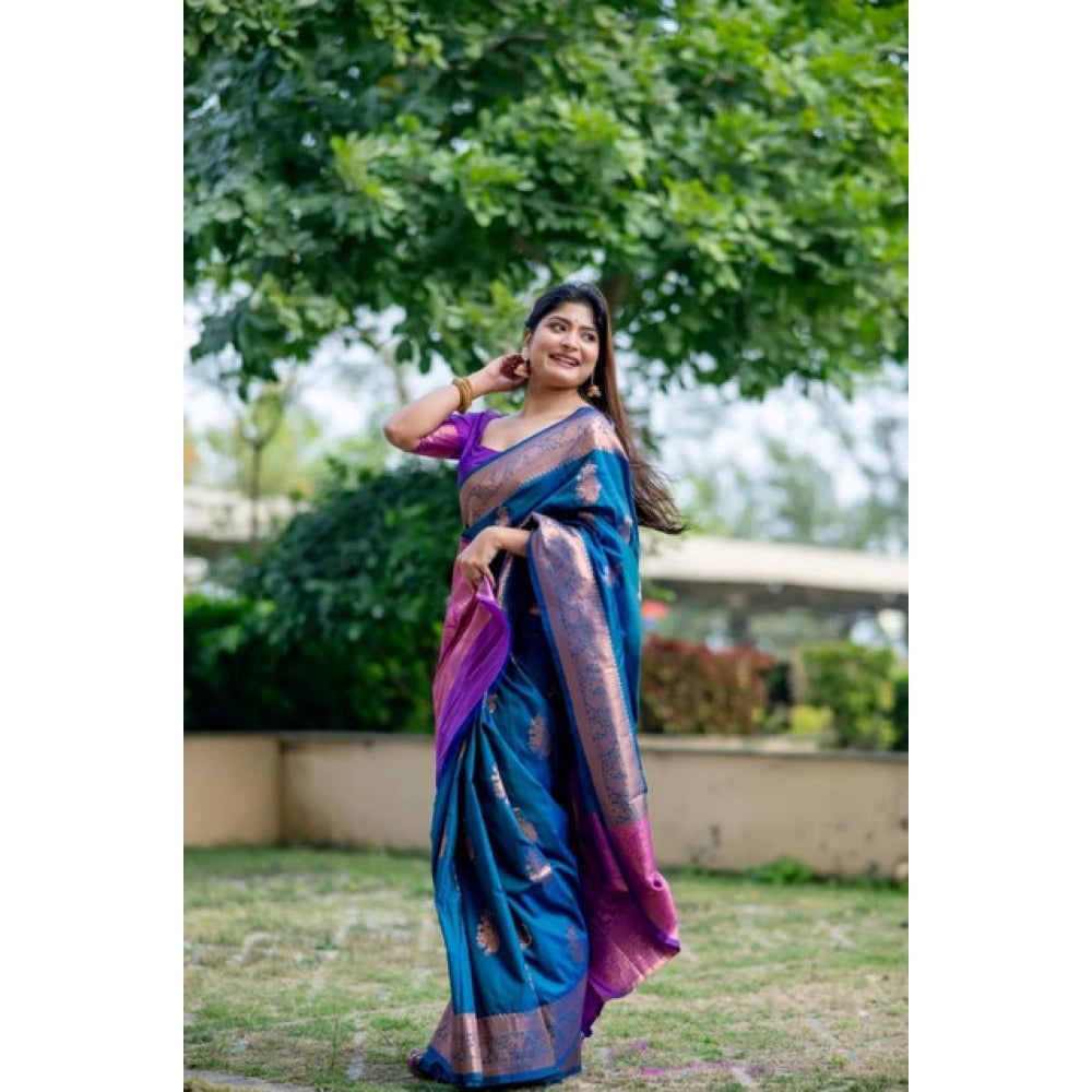Women's Katan_Silk Zari_Weaving Saree With Unstitched Blouse 5.5Mtr (Blue)