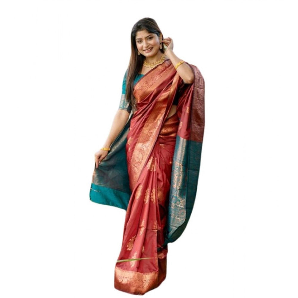 Women's Katan_Silk Zari_Weaving Saree With Unstitched Blouse 5.5Mtr (Maroon)