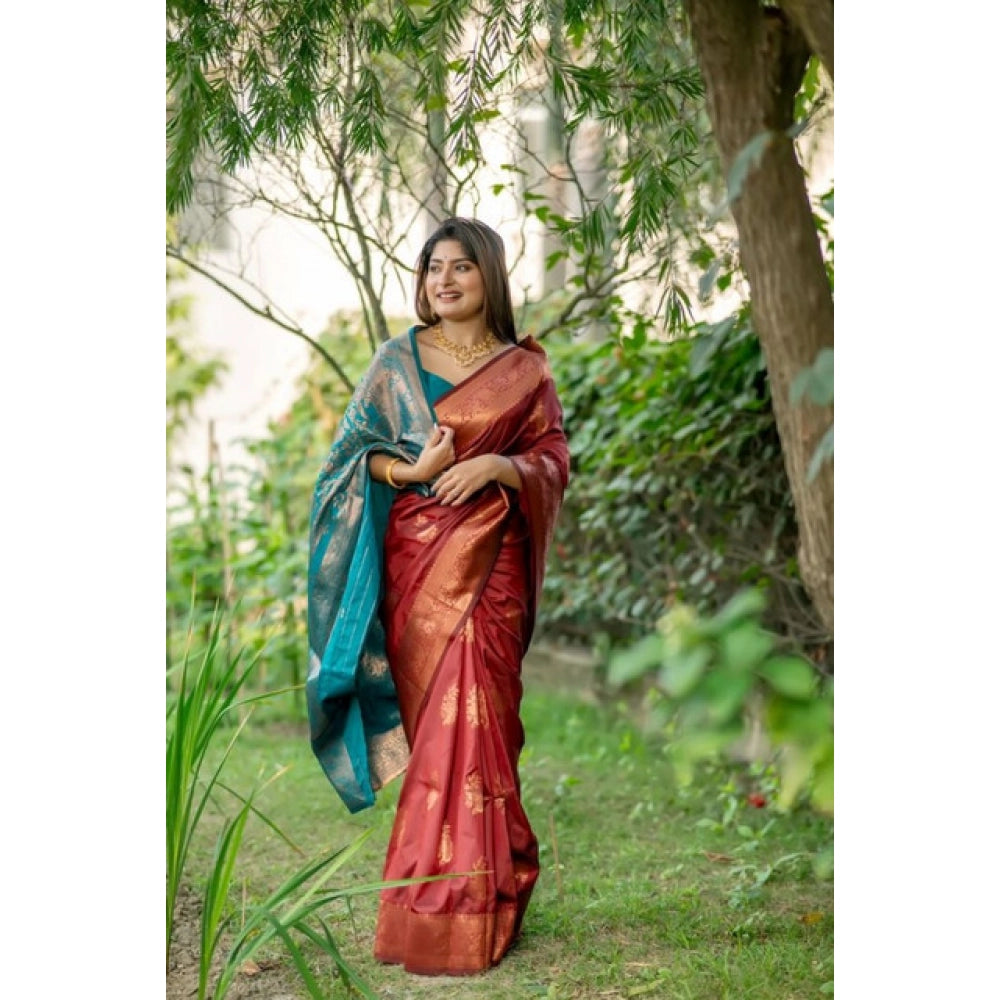 Women's Katan_Silk Zari_Weaving Saree With Unstitched Blouse 5.5Mtr (Maroon)